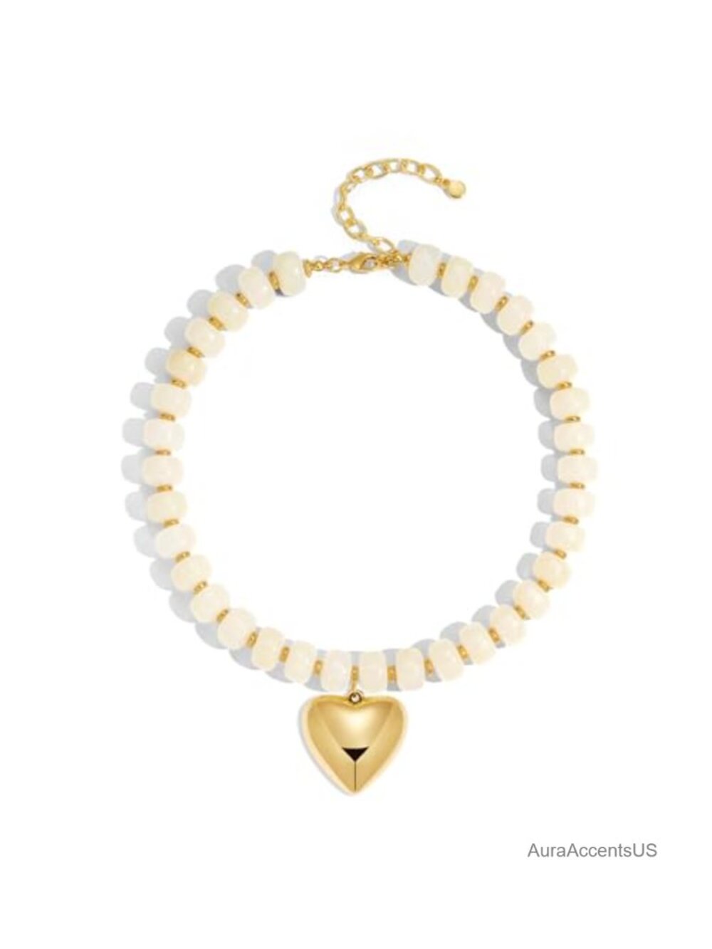 Chunky Beads Necklace Women Gold Puffy Heart Choker Resin Beaded Pendant